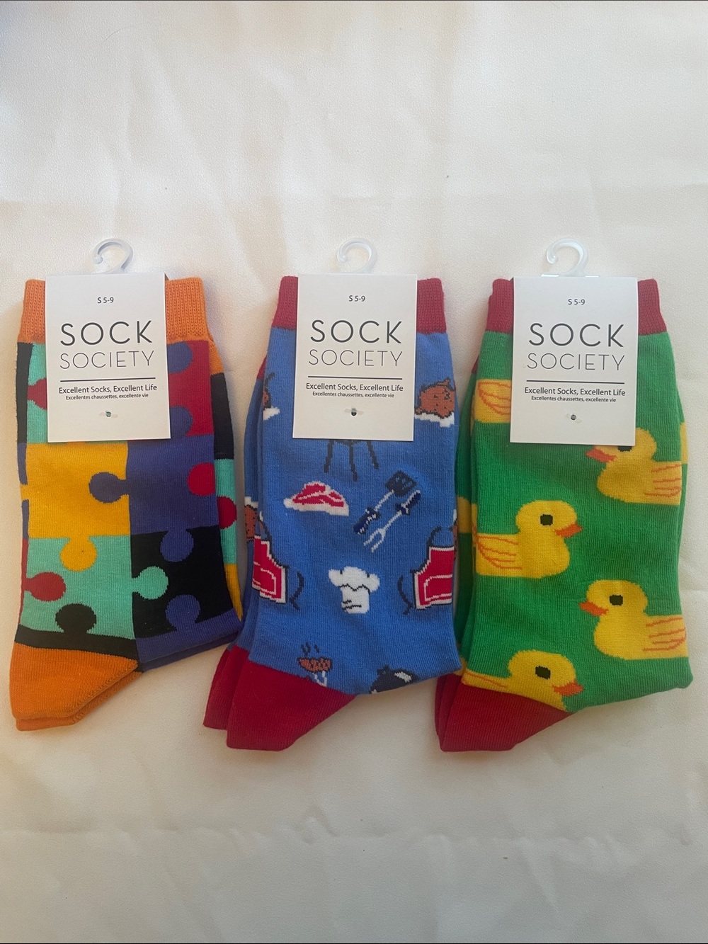 Puzzles, BBQ and Rubber Duck socks - Set of 3 pairs for youth/small adult feet